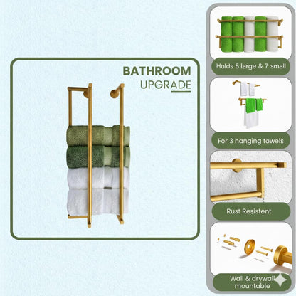 Gold towel rack | 4 in 1 Multifuntional, Horizontal & Vertical towel holder for bathroom wall & Double towel rod & Toilet Paper Holder | towel storage Rustproof | shower towel holder | wall towel rack