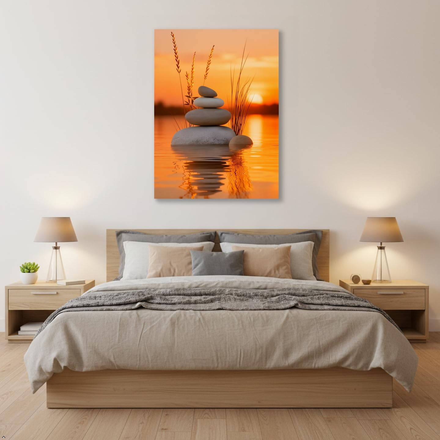 Zen Stone Canvas Wall Art, Sunset Lake Meditation Canvas Painting, Stacked Balance Stones Nature Landscape Artwork, Spa Relaxing Wall Decor for Bathroom Bedroom Living Room, Ready to Hang 12x16 16x24