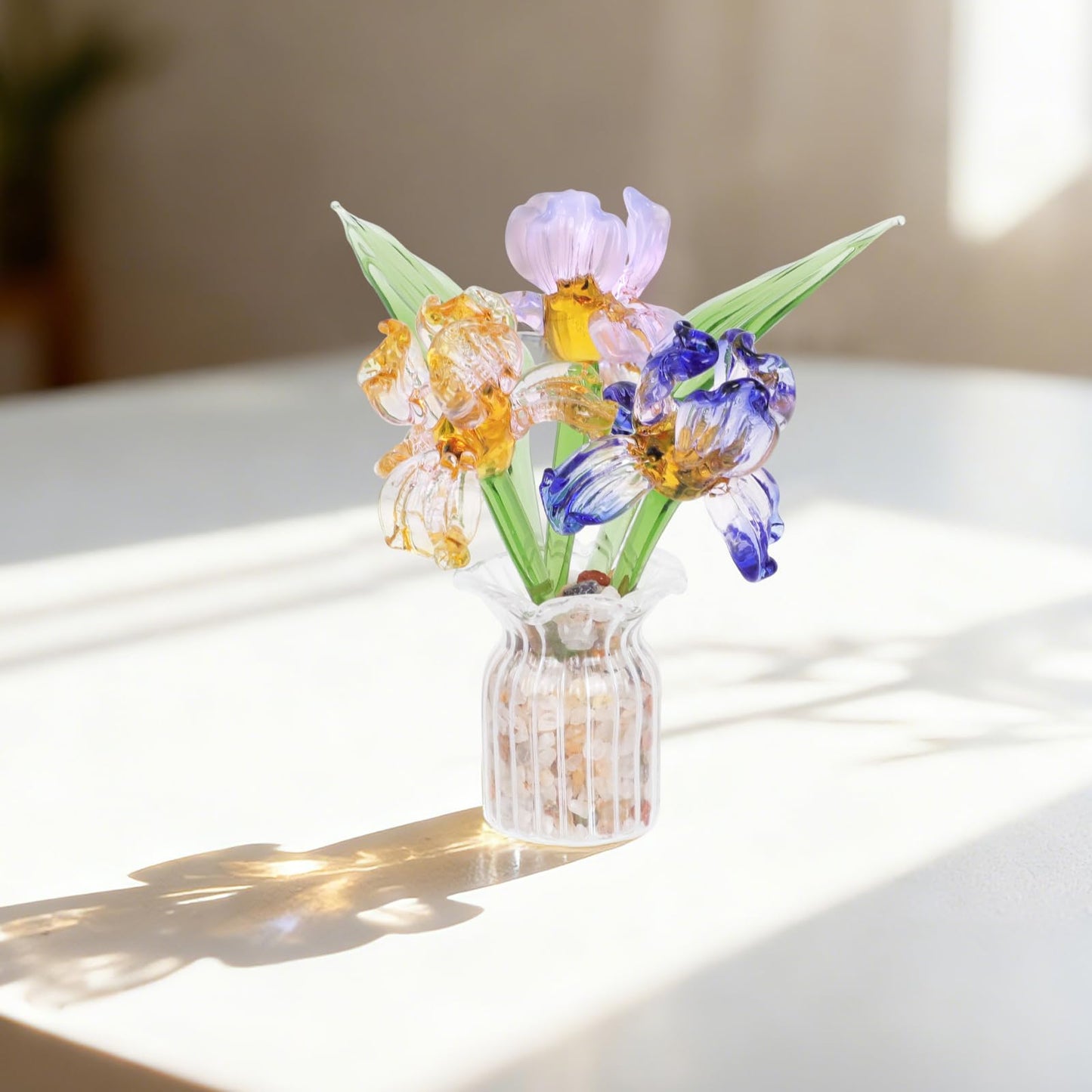 Lovmeety Mini Glass Flowers with Vase, Handmade Crystal Flowers Decor Iris Flower Arrangements Glass Flower Bouquet for Home Office Shelf Table Centerpiece Gift for Women