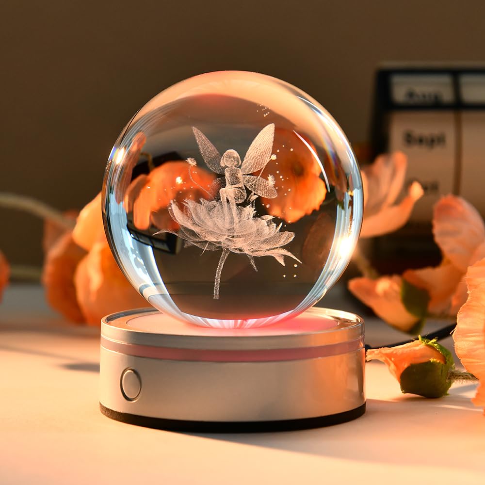 ZRENJHUS Fairy Gifts for Women 3D Fairy Crystal Ball Night Light Decorative Globe Gift for Girls with Lighting Base