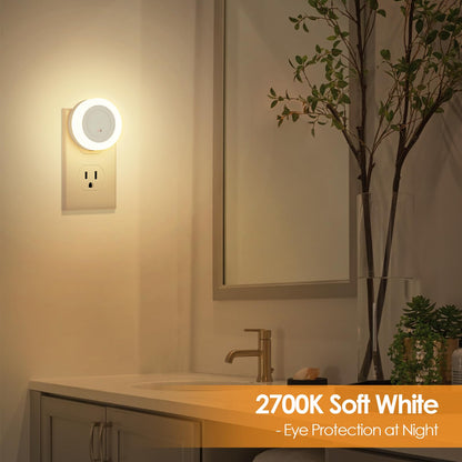 FOLKSMATE LED Night Lights Plug in, Dimmable Nightlight Plug Into Wall with Light Sensor, Soft White Adjustable for Adults, Bedroom, Bathroom, 2-Pack
