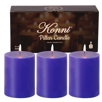 KONNI Violet Pillar Candles Set of 3, 3"x 4" Unscented Pillar Candles Bulk, 39 Hours Long Burning Candles, Smokeless and Dripless Large Round Candle for Wedding, Home Decoration, Parties, Spas, Dinner
