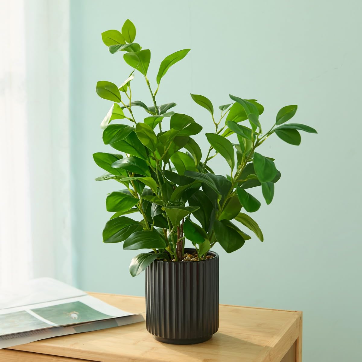 EZBOHO 16 inch Artificial Plants Indoor Realistic Touching Evergreen Leaf Fake Plant with Creamic Black Pot for Home Office Living Room Bathroom Office Table Bookshelf Decor