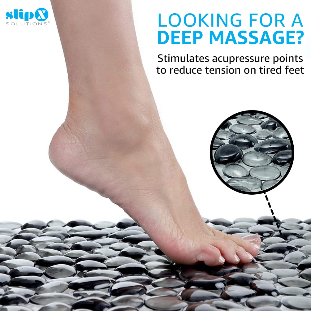 SlipX Solutions Extra Long Deep Foot Massager Bath Tub & Shower Mat 38x17 | Non-Slip, 188 Suction Cups | Feels Great on Tired Feet, Looks Like River Rock | Machine Washable, Dark Gray Pebbles