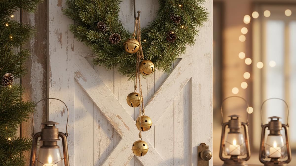 Rustic Handmade Christmas Hanging Bells for Door Chimes with Jute Rope – Farmhouse Shabby Chic Decorative Bells, Traditional Chime Bell Ghungru (18" with Rope) for Festive Home Decoration
