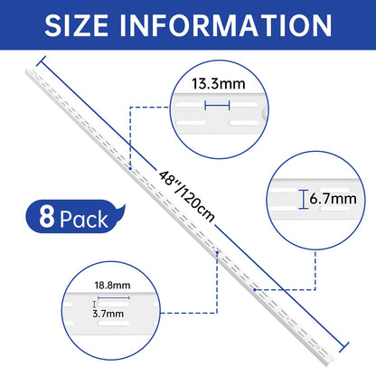 LYYUWE Twin Slot Shelf Tracks, Heavy Duty Steel Wall Mount Shelf Rails for Track Shelving System for Retail, Garage, and Home Storage (White, 48 Inch(8PC))