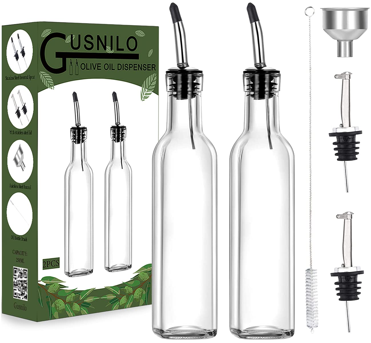 Gusnilo 8 oz Olive Oil Dispenser Olive Oil Dispenser Bottle Syrup Dispenser Oil and Vinegar Dispenser Set Oil Bottles for Kitchen 250ml with Pour Spouts and Funnel 2PCS