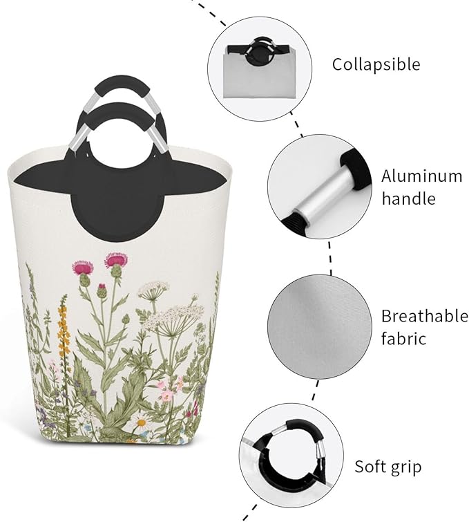Vintage Floral Plants Laundry Basket Wild Flowers Herbs Foldable Collapsible