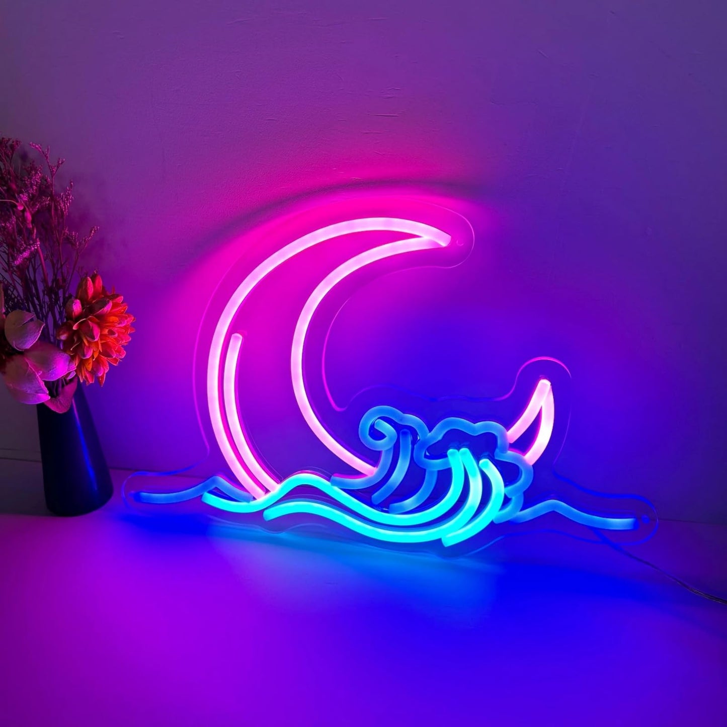 Moon and Wave Neon Sign for Wall Decor Pink Moon Blue Wave LED Neon Light for Bedroom Dresser Aesthetic Room Decor USB Powered Wall Art for Living Room Bar Kid's Room Ideal Teens Girls Gifts
