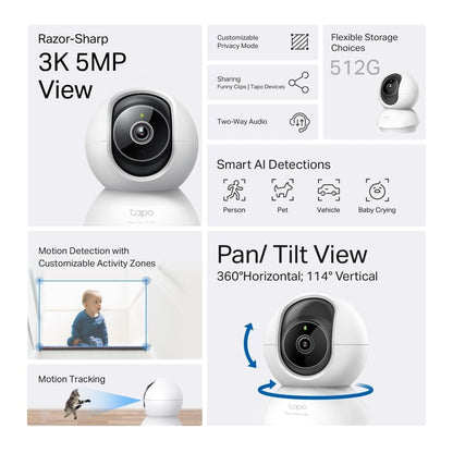 Tapo C230 3K 5MP Indoor Camera, Smart AI Detections - Person Pet Baby Cry, Pan/Tilt 360° View, Security Carmera No Monthly Fee, Enhanced Night Vision, Two-way Audio, Works with Alexa & Google