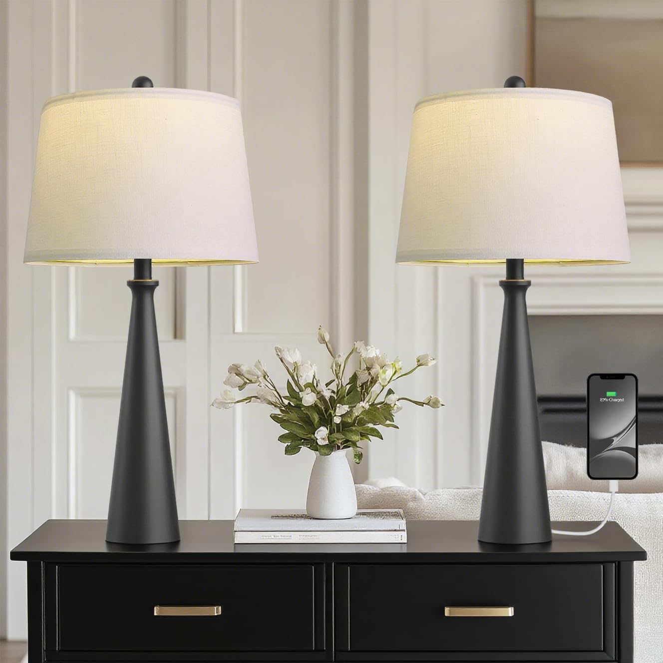 Oneach 25.75" Modern Table Lamp Set of 2, Bedside Lamps with USB Ports, Black Nightstand Lamps Set for Living Room Bedroom House Bedside Home Office Family