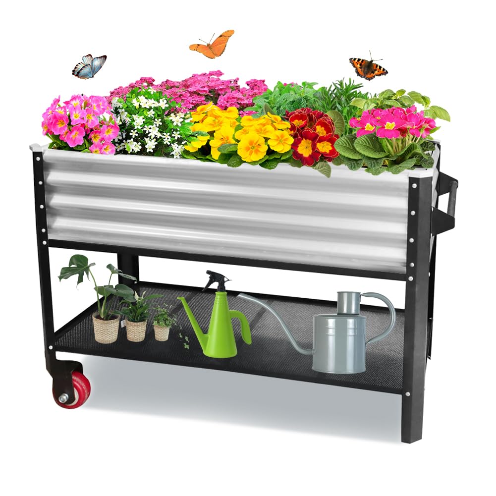 Megawodar Elevated Metal Raised Garden Bed, Large Outdoor Metal Planter Box Big Flower Plant Pot for Planting Flowers Vegetables and Herbs (Silver, Medium)
