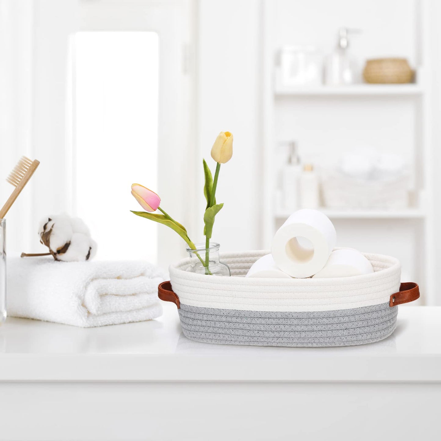 HLWDFLZ Bathroom Countertop Organizer Basket, Cotton Rope Woven Storage Basket Toilet Paper Decorative Basket for Bathroom, Bedroom, Living Room, Entryway 13"x6.3"x4.3" (Off White/Gray)