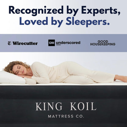 King Koil Luxury Pillow Top Plush Queen Air Mattress with High-Speed Built-in Pump, Blow Up Bed Top Side Flocking, Puncture Resistant, Double High Inflatable Airbed Guests & Travel 1-Year Warranty