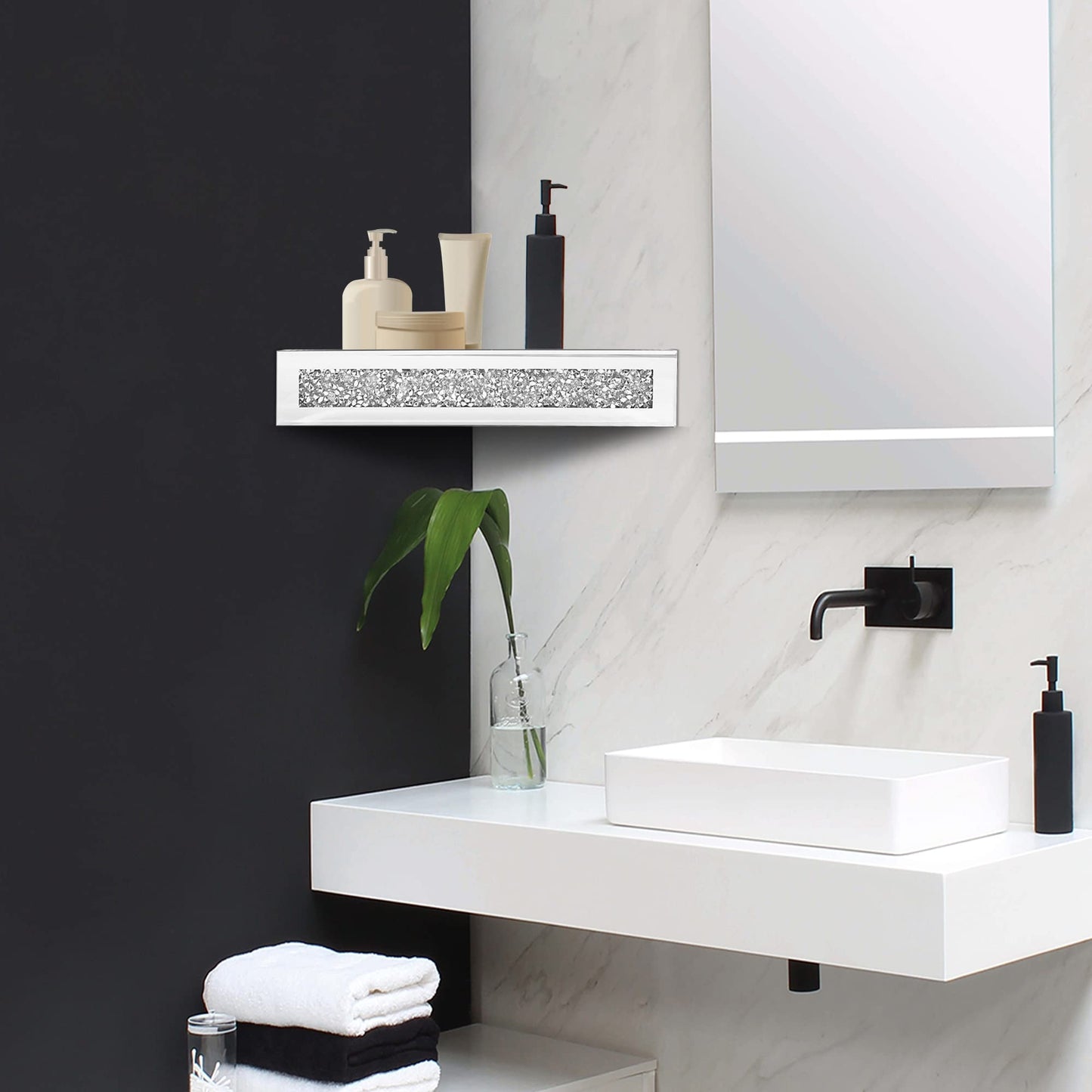 Royxen Corner Floating Shelves 2 Sets, Corner Shelf Wall Mounted Crushed Diamond, Corner Shelves Crystal Mirrored, Floating Corner Shelves for Wall