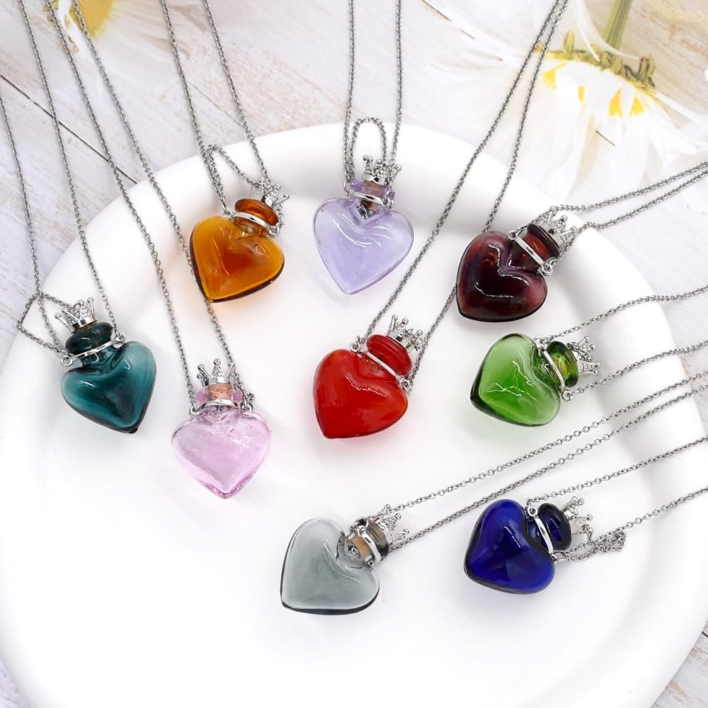 Glaze Glass Heart-Shaped Refillable Essential Oil Necklace Pendant - Aromatherapy Perfume Diffuser Pendant with Stainless Steel Chain (Grape Purple)