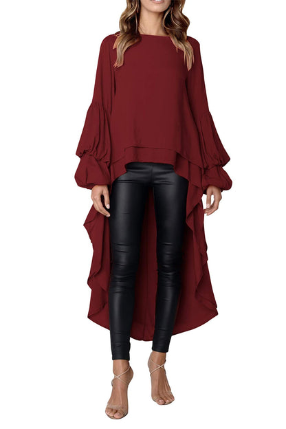 PRETTYGARDEN Women's Lantern Long Sleeve Round Neck High Low Asymmetrical Irregular Hem Casual Tops Blouse Shirt Dress (Wine Red,Large)