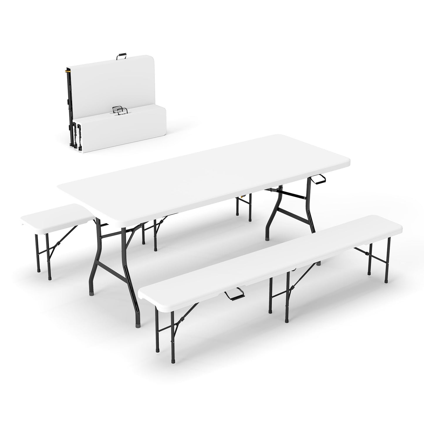 Real Relax 6' Picnic Table with 2 Benches, 3 Piece White Portable HDPE Folding Camping Table and Benches for Courtyard, Garden, Outdoor Leisure, Party