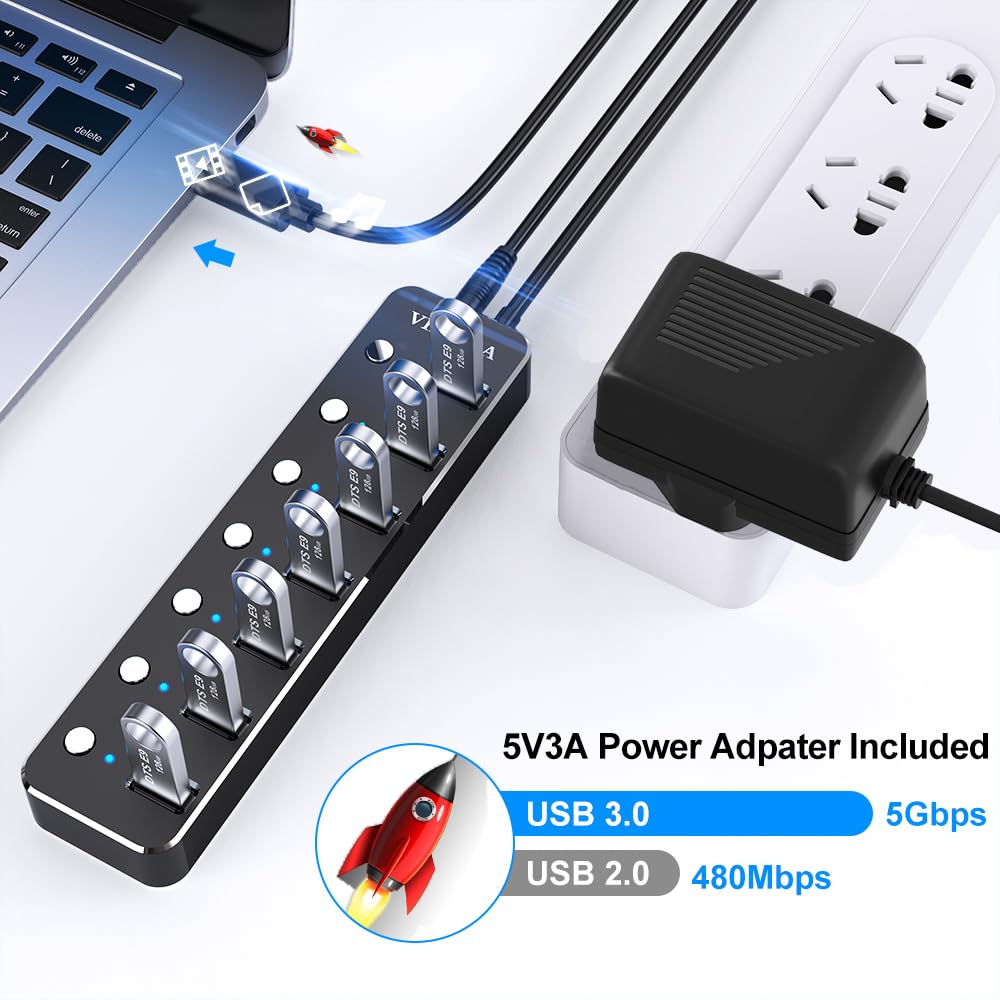 USB 3.0 Hub Powered, VKUSRA Aluminum 7 USB Port SuperSpeed USB Data Hub with 5V3A Power Adapter and Individual On/Off Switch for Surface Pro, Windows, PC Laptop, Desktop, NoteBook and More