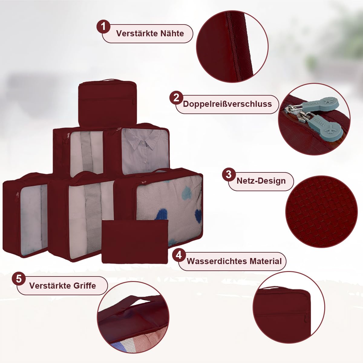 10 Packing Cubes for Suitcases – Luggage Organiser in Various Sizes – Mesh Travel Packing Cube Set in Assorted Colours (10 Dark Red Mixed Sizes)