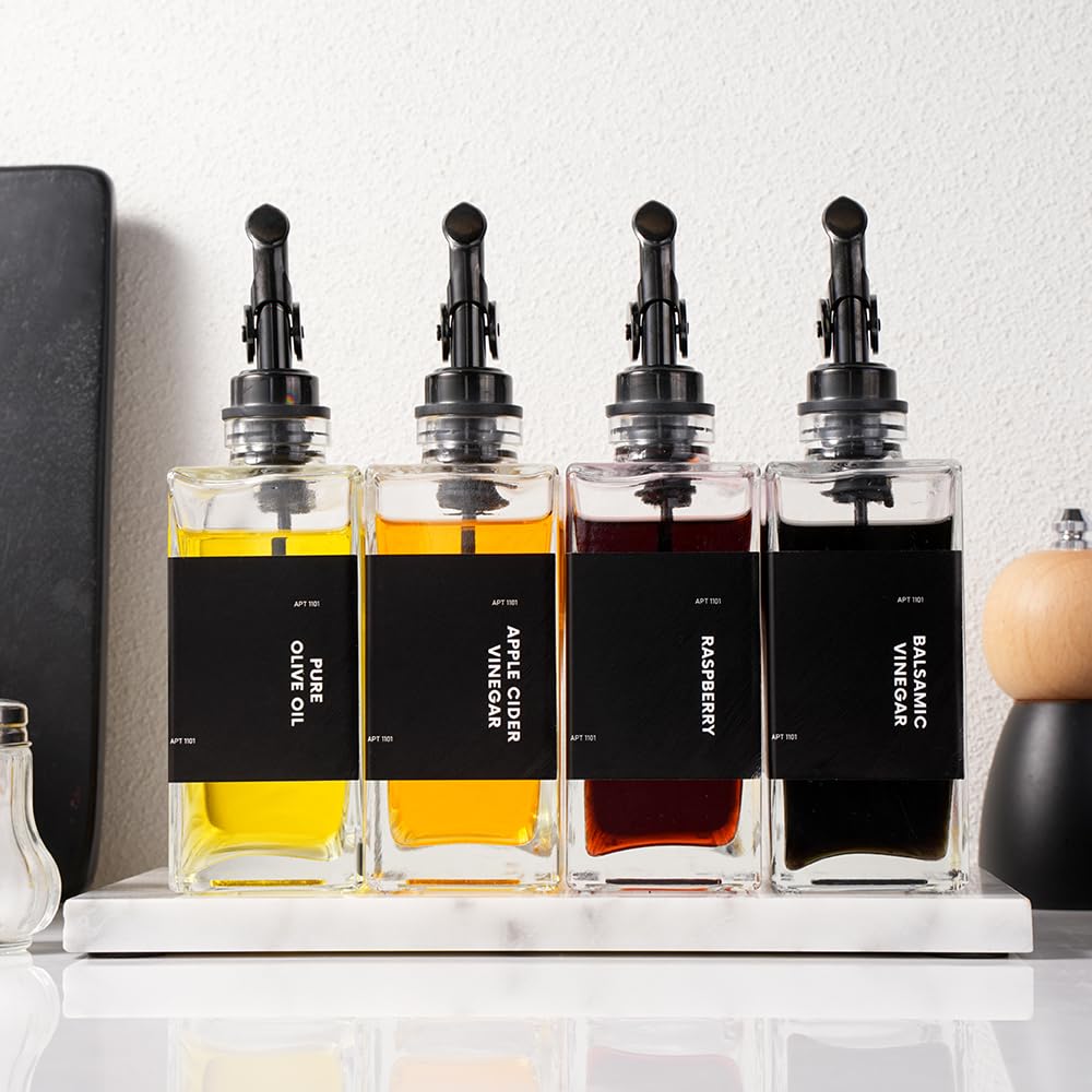 APT 1101 Olive Oil Dispenser for Kitchen, Cooking Oil and Vinegar Dispenser Set, Olive Oil Bottle, Soy sauce dispenser, coffee syrup bottles with stainless steel pourers - 4 pcs, Black (Black)