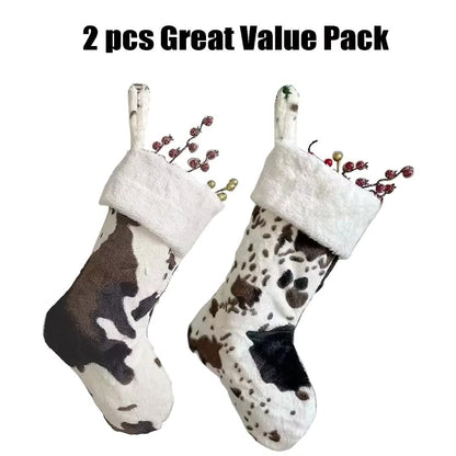 OLLULL Christmas Stockings, Cow Faux Fur Large Xmas Stockings Hanging Ornaments 2 Pack 20 Inch