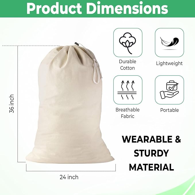 Large Cotton Laundry Bag, Heavy Duty Large Laundry Bags 24 x 36 inch Drawstring