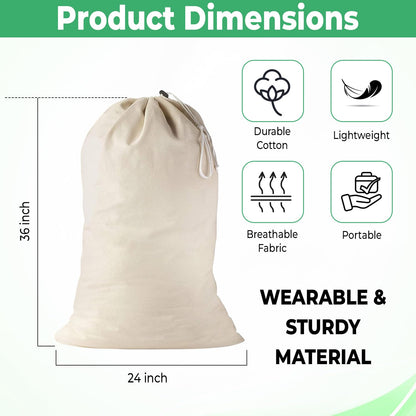 2 Pack - Extra Large Cotton Laundry Bag, Heavy Duty Large Laundry Bags 24 x 36 inch XL Drawstring Travel Organizer Bag Fit Hamper Basket Camp (Beige, Pack of 2)