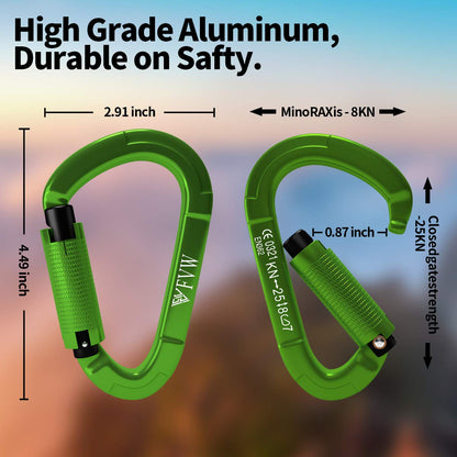 FVW 3 Pack Heavy Duty Climbing Carabiners,25KN UIAA Certified Auto Locking Rock Climbing Carabiners Clips for Hammocks, Swing, Locking Dog Leash and Harness, Camping, Hiking & Utility (Green)