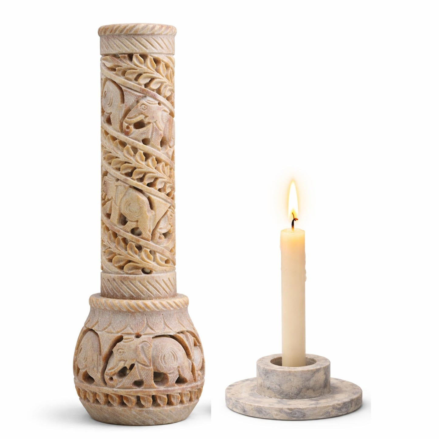 Carry Me Hand Carved Soapstone Incense Stick Holder | Candle Burner | Tea Light Stand. Elephant Jaali Carving Bottle Shape. Decorative Home and Kitchen Decor - (3x3x10.5 Inches)