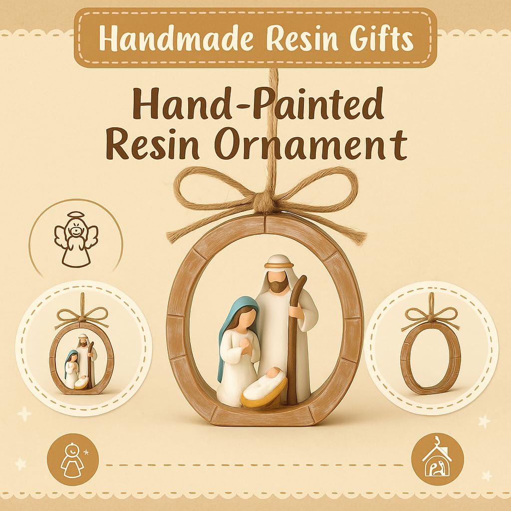 Holy Family Oval Nativity Set Hanging Christmas Ornament, Hand-Painted Resin with Jute Bow, Rustic Faux-Wood Ring, Religious Gift Xmas Tree/Wreath Décor (Nativity Scene)