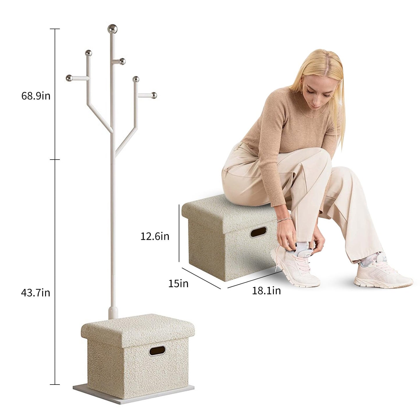 Ronsan Coat Rack Stand with Storage Box, Freestanding Metal Coat Tree with Natural Marble Base, 8-Hook Coat and Hat Rack for Entryway, Hallway, Bedroom and Office, White