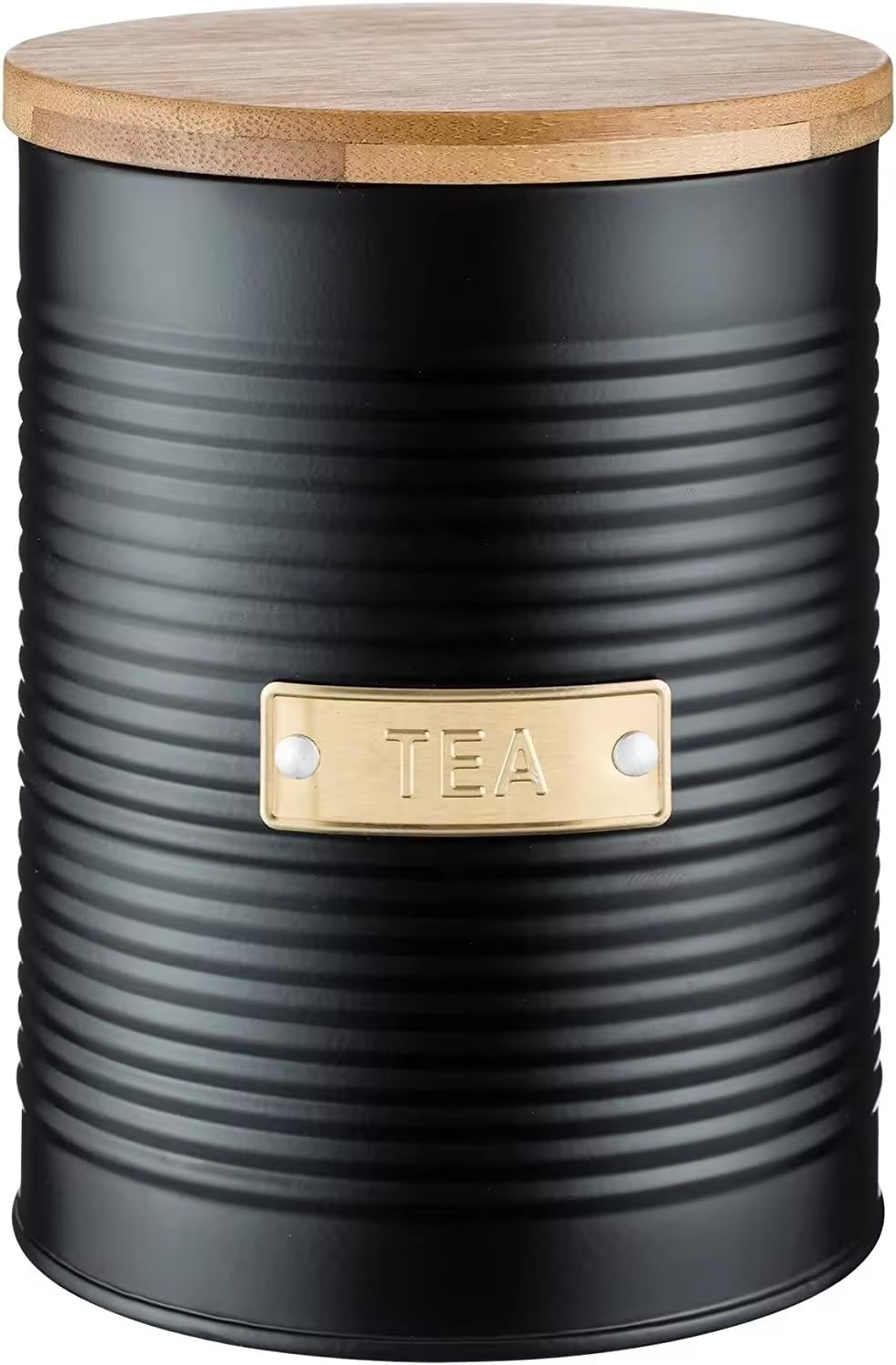 Black Metal Canisters with Wooden Lids – Set of 4 Airtight Storage Tins for Coffee, Tea, Sugar & More – Modern Ribbed Kitchen Containers with Brass Labels