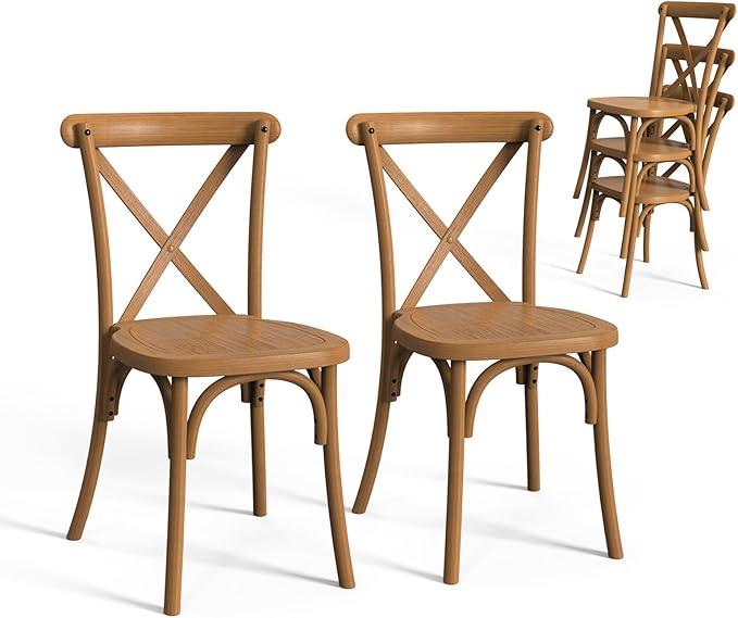 VINGLI Plastic Outdoor Dining Chairs Set of 2, Stackable Patio Dining Chairs with X Back, Waterproof Kitchen & Dining Room Chairs for Indoor-Outdoor, Capacity 400 lbs, Farmhouse Brown
