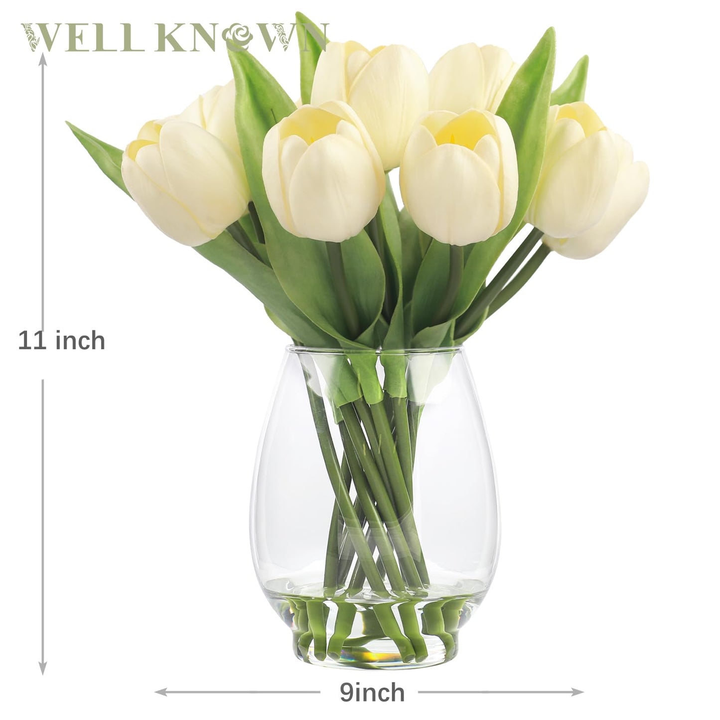 WELL KNOWN 12 Pcs Tulips Artificial Flowers in Vase, Real Touch Tulips with Vase with Upgrate Acrylic Water Flower Arrangements Centerpiece for Dining Room Table Decoration（Cream）