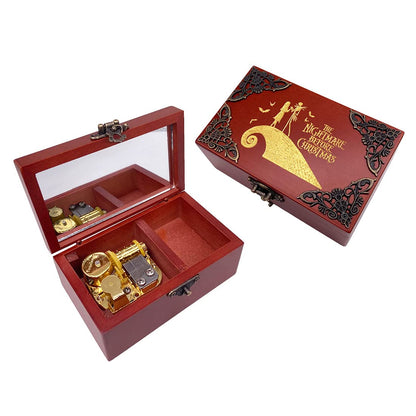 Youtang Nightmare Before Christmas Jewelry Music Box with Mirror Laser Engraved Wood Musical Box Wind up Musical Gift for Her Him Girlfriend Boyfriend (Melody: This is Halloween, Gold Movement)