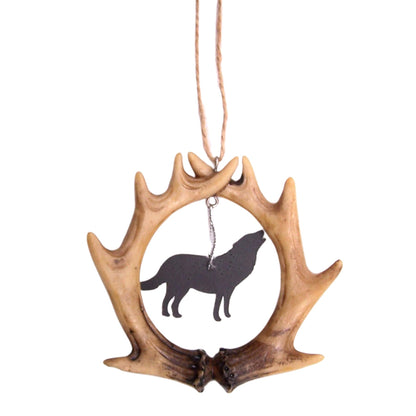 Antler Wolf Ornament, Rustic Holiday Decoration, 3.75 Inches