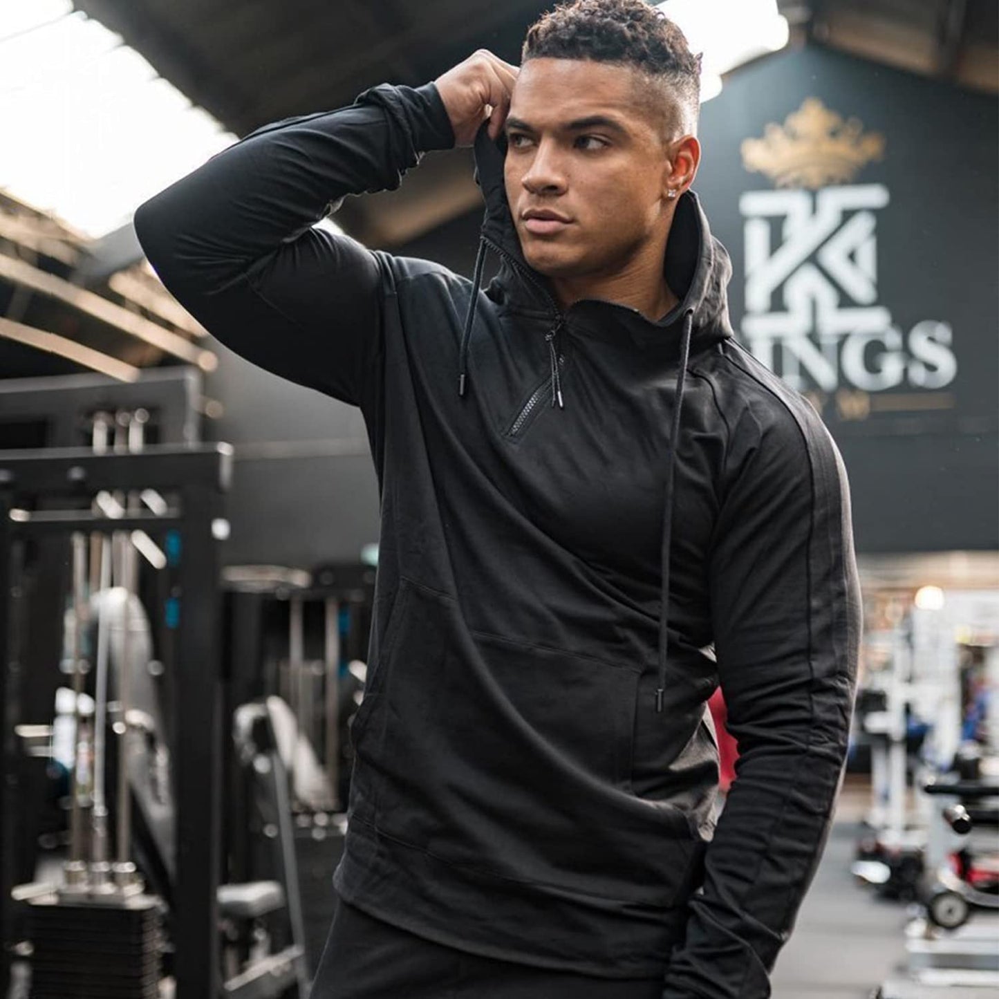 GYMELITE Men's 1/4 Zip Fashion Pullover Hoodie Athletic Workout Fit Cotton Blend Hooed Sweatshirts Casual Long Sleeve with Pockets(SOBK XL Solid Black