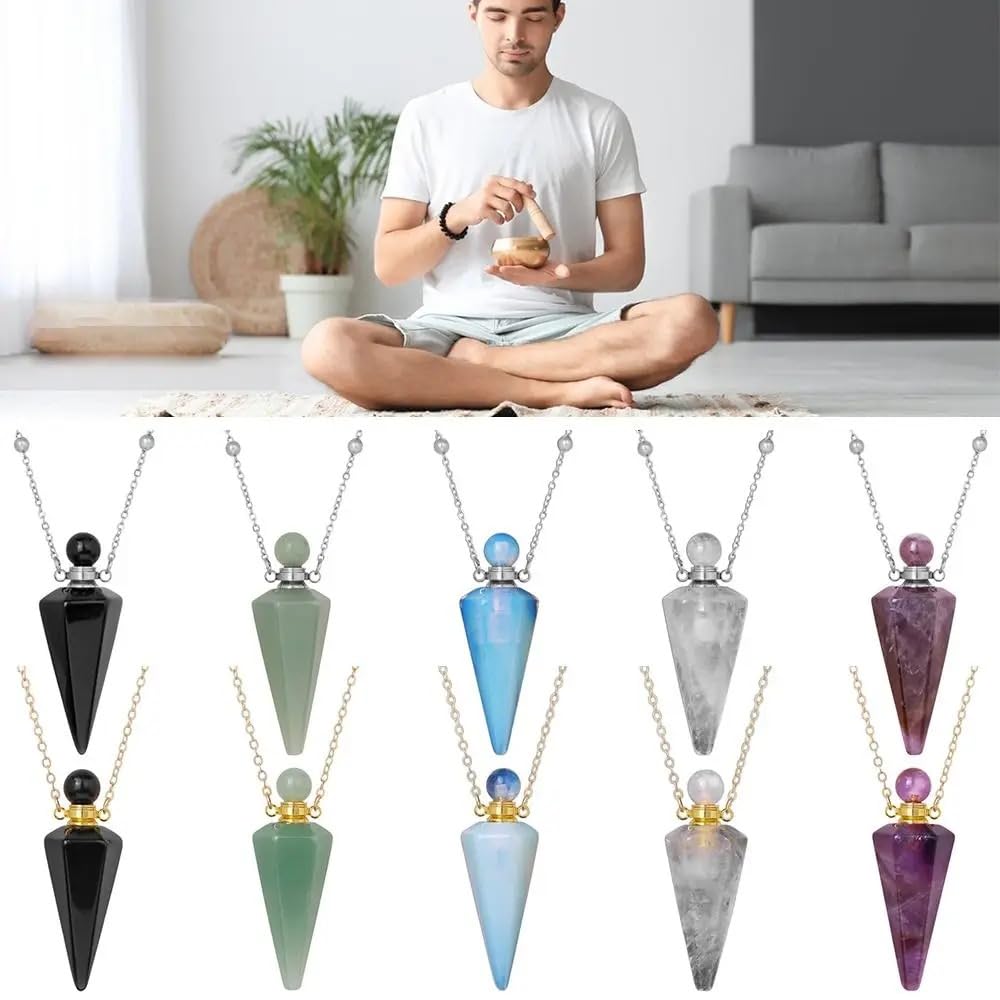 925 Sterling Silver Essential Oil Necklace For Women And Men, Natural Crystal Stone Cone Shape Pendant Necklace Healing Perfume Bottle Necklace Essential Oil Pendant Necklace (7 - Essential Oil Necklace)