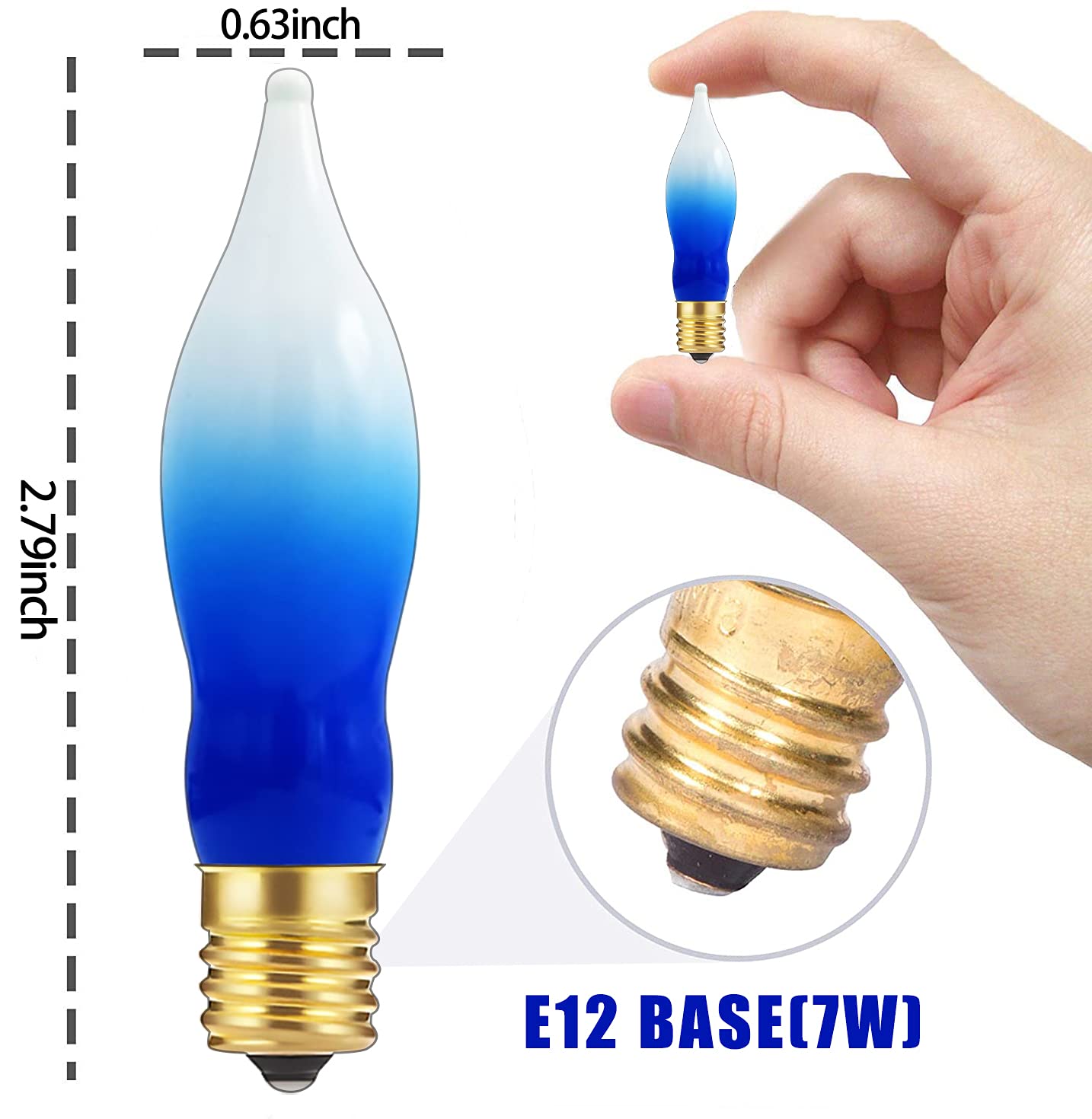 GOOTHY 12 Pack White Blue Christmas Flame Shape Light Bulbs, C18 Candle Light Replacement Bulbs for Christmas Hanukah Electric Candles Chandeliers- 7 Watts /120 Volts/ E12 Candelabra Base- White/Blue