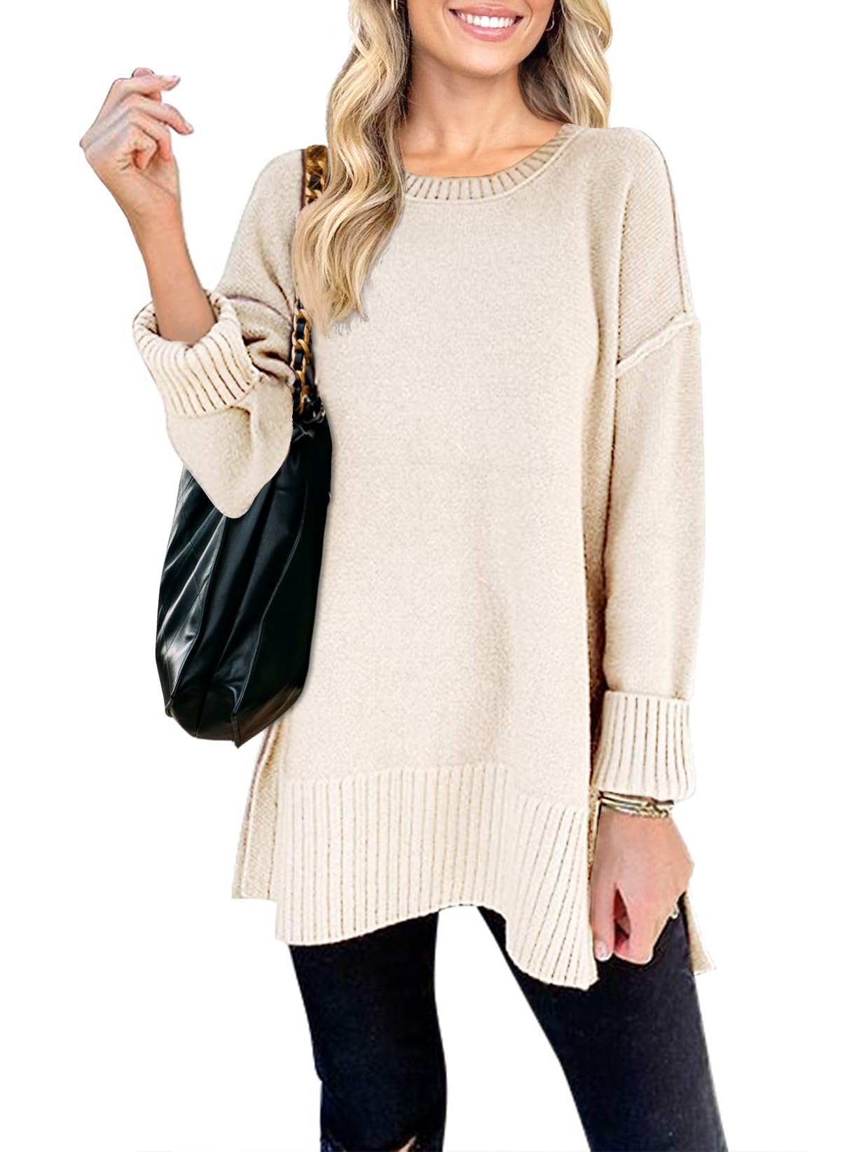 MEROKEETY Women's 2025 Fall Winter Oversized Pullover Sweater Casual Loose Crew Neck Long Sleeve Side Split Jumper Tops