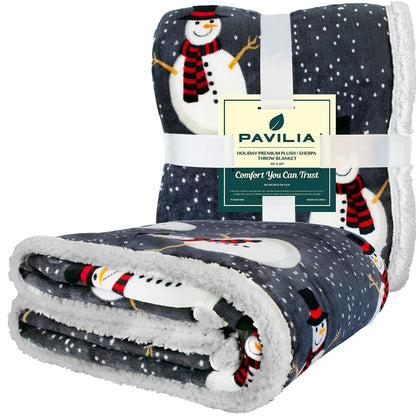 PAVILIA Premium Christmas Sherpa Throw Blanket | Snowman Decoration, Fleece, Plush, Warm, Cozy Reversible Microfiber Holiday Blanket 50 x 60