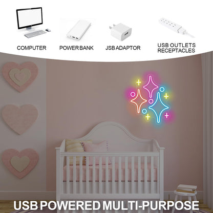 Sparkle Stars Neon Signs, Led Light Wall Decor For Kids Boys Girl's Bedrooms Living Room Nursery, Store Decoration, Game Room Family Birthday Bar Wedding Party Gift, Christmas, Birthday, Wedding, Hom