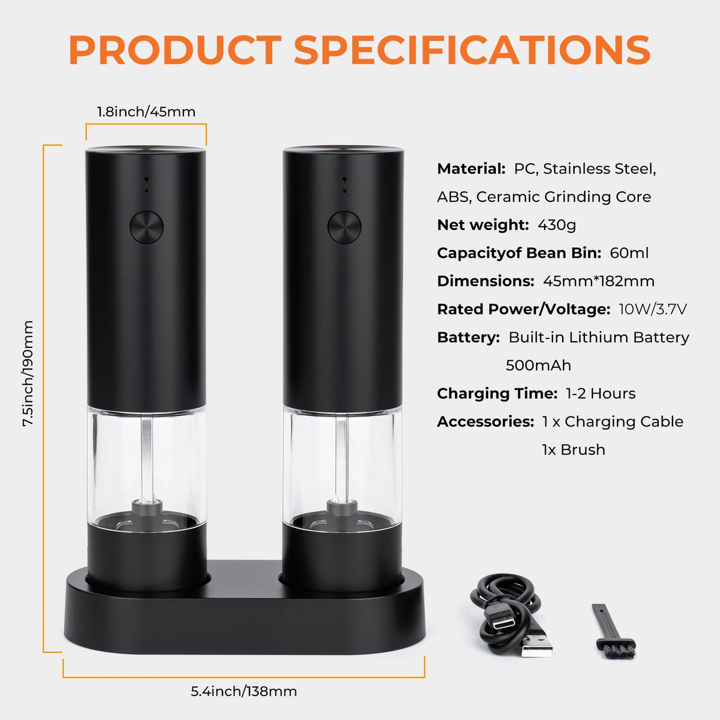 Electric Salt and Pepper Grinder Set, Rechargeable Automatic Grinders with Charging Base, Adjustable Coarseness, One-Hand Operation, Refillable Ceramic Spice Mills for Salt, Pepper and Dry Seasonings