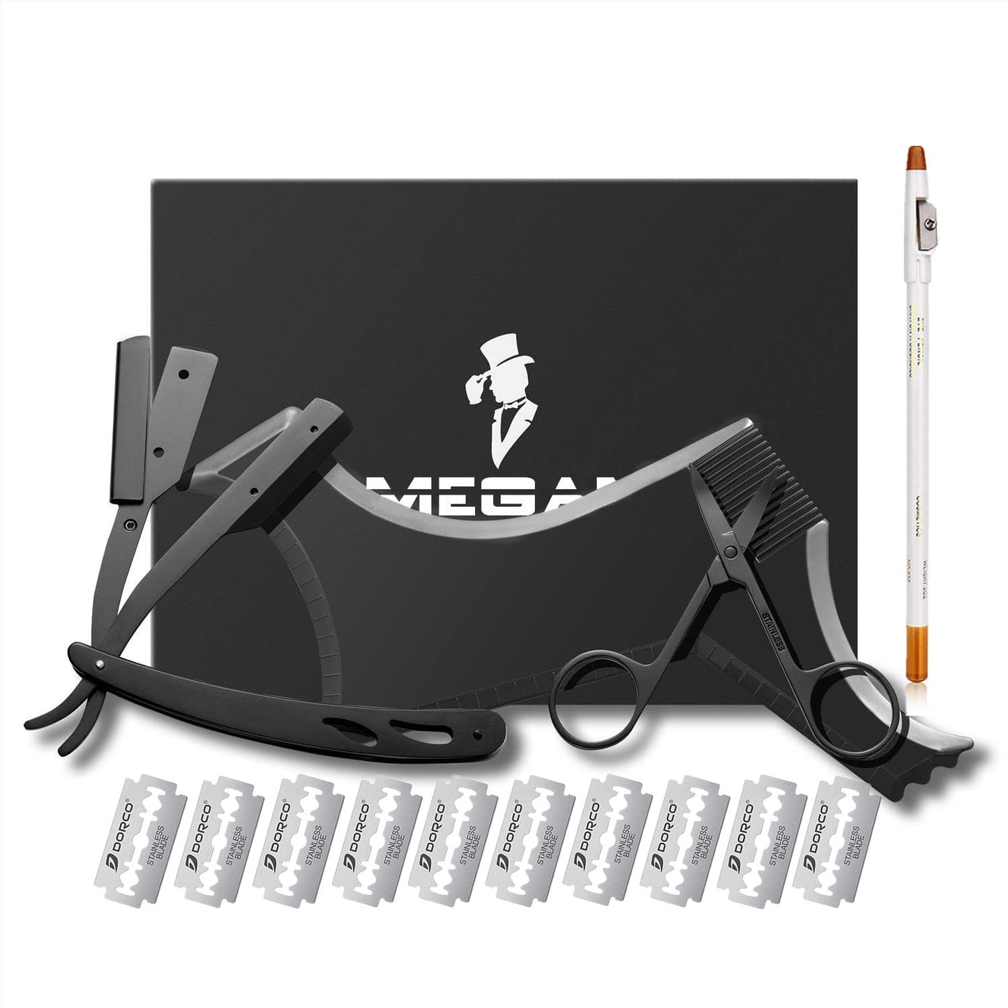 Megan beard shaping tool,5 piece set beard shaper - include Professional Straight Edge Razor,beard template,10 Count of double edge blades,barber pencil and Stainless steel scissors.