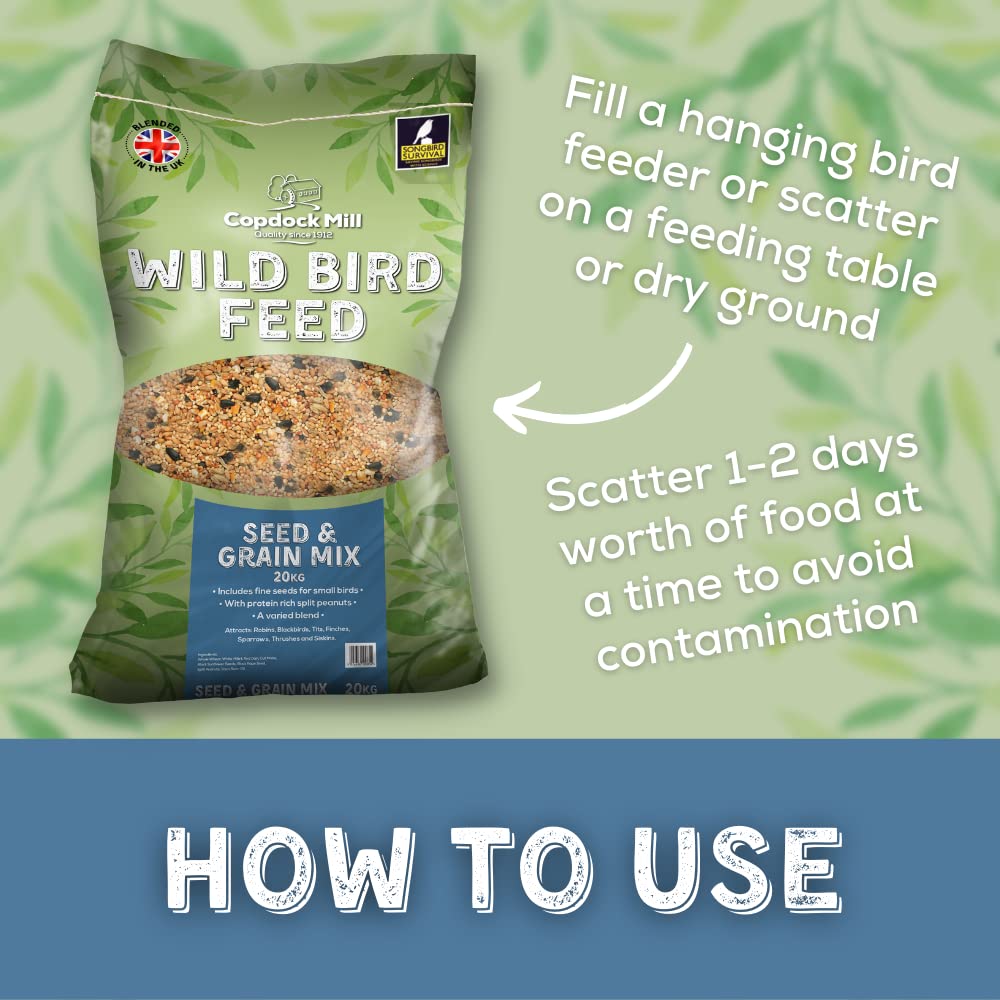 Copdock Mill Wild Bird Seed & Grain Mix 20kg Bag All Year Round High Energy Wild Bird Food 100% Natural Ingredients Including Sunflower Seeds and Peanuts