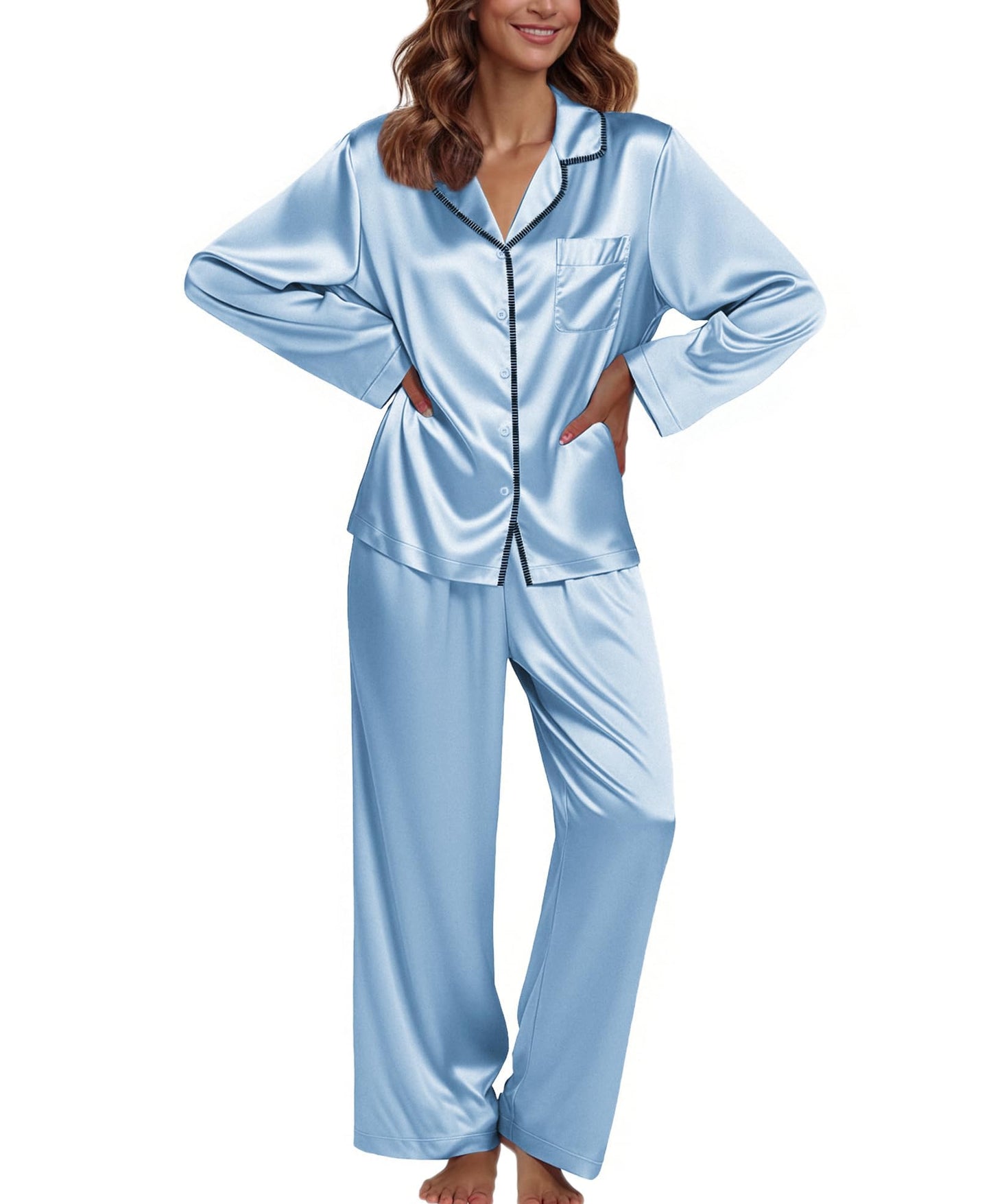 Ekouaer Pajamas For Women Set Silk Pjs 2 Piece Satin Sleepwear Long Sleeve Button Down Lounge Sets With Pant