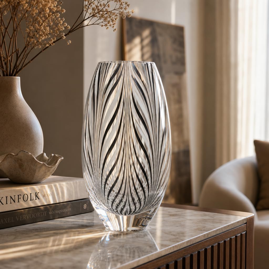 Ca D Oro Murano Style Glass Vase Black and White Feather Pattern Hand Blown Art Glass for Flower, Room Decoration and Centerpiece - Model 54 MS
