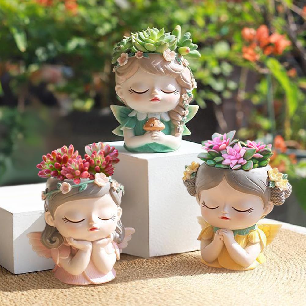 Argofox Small Angel Girl face Succulent Planter 2 Pack with Drainage Hole Indoor Cactus Plant Pot Cute Flower Vases Decor with Girl Face Planter Gifts Idea for Women