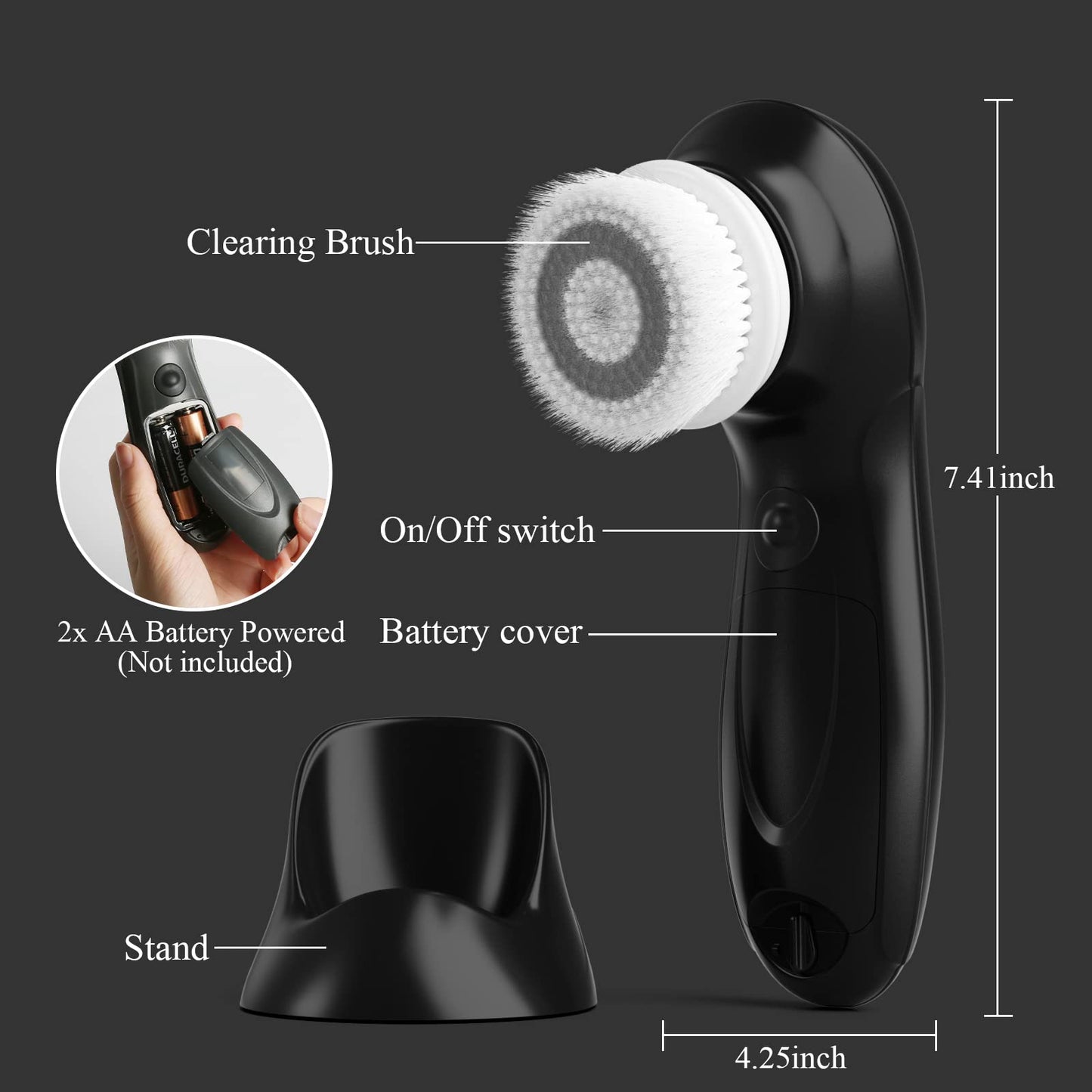 TOUCHBeauty Facial Cleansing Brush Electric, Face Cleansing Brush with Stand, 3 Brush Heads, 2 Speeds, IPX5 Waterproof, Battery-Powered, Suitable for All Skin Types, TB-0759D